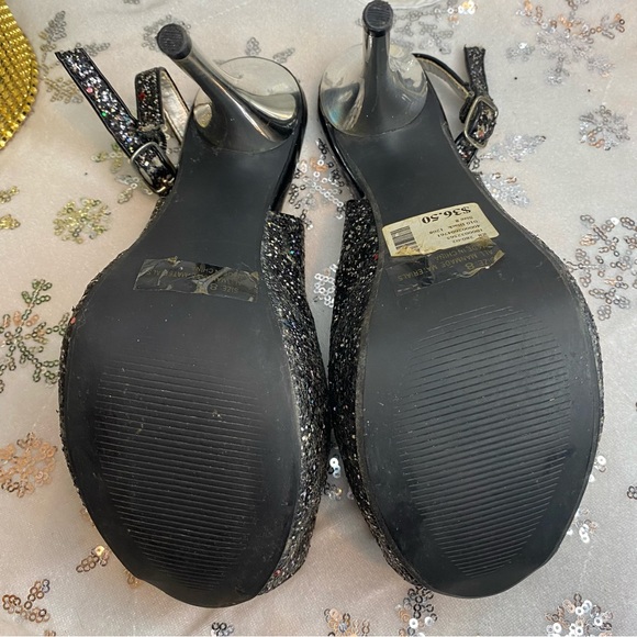 Deb Glitter Black & Silver Peep Toe Platform Heels Ankle Strap Sandals Sz 8 - Picture 14 of 14
